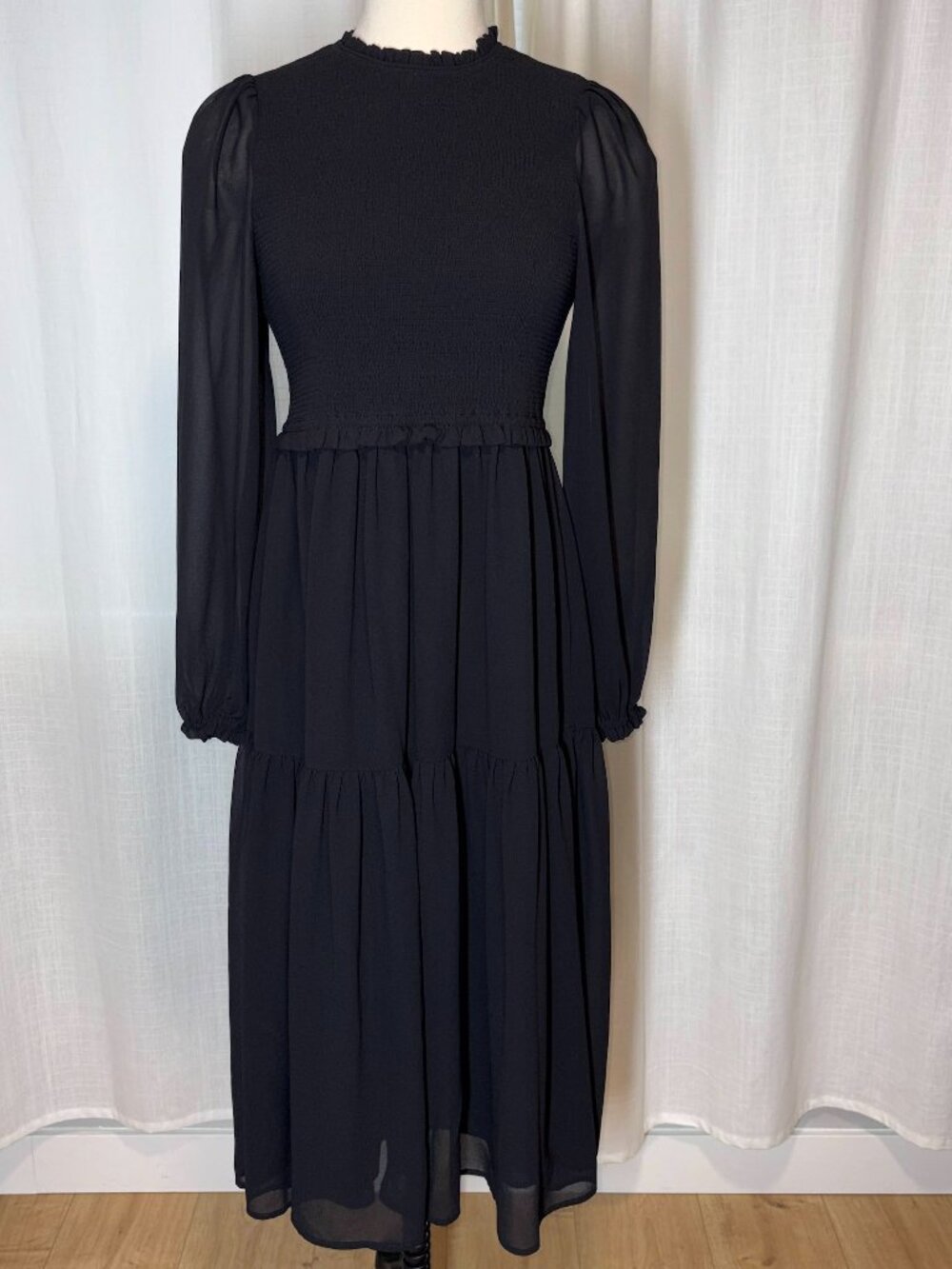 Romantic Smocked Midi Dress with tiered flowy skirt and smocked bodice